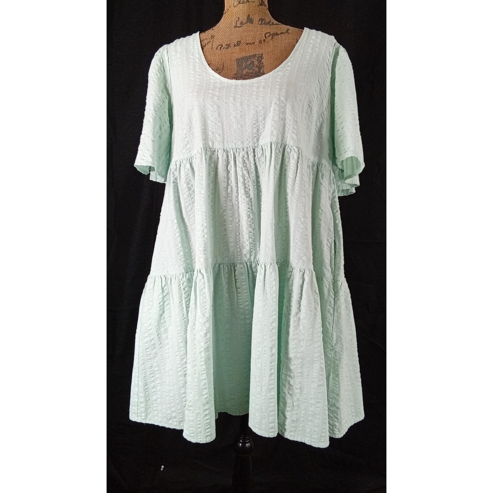 A New Day Dress MED Green White Stripe Flutter Cap Sl Babydoll Seersucker Cotton
